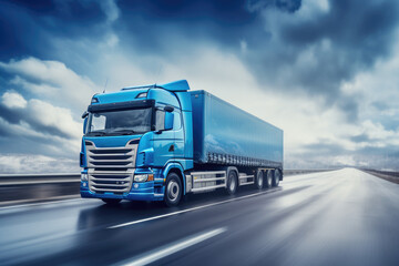 A blue semi truck is captured in motion as it drives down a busy highway.