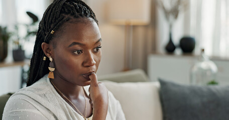 Stress, anxiety and woman biting nails in home with fear, worry and mental health risk. Face of african girl in living room with crisis of trauma, nervous habit and overthinking with doubt of mistake - obrazy, fototapety, plakaty
