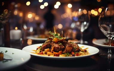 Close up to delicious gourmet dish with bokeh lights of elegant restaurant as background. Meat,...