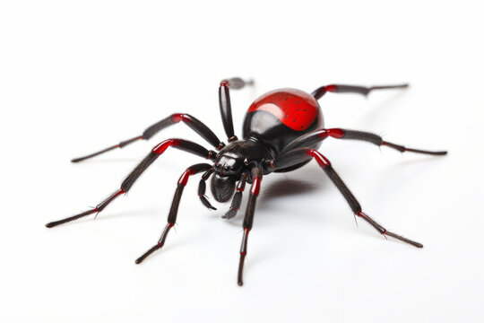 Red and black spider with red head on white background.