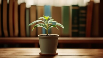 A pot with a houseplant is on the table next to the bookshelf.