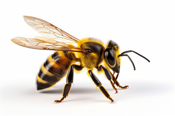 Bee with yellow and black striped body and black legs.