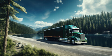 A green semi truck drives down a road next to a serene lake.