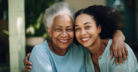 An older woman lovingly embraces a younger woman in a heartwarming display of affection. - obrazy, fototapety, plakaty
