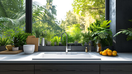 A clean, uncluttered kitchen sink with a sleek chrome faucet, overlooking a panoramic view of lush greenery through a large window.