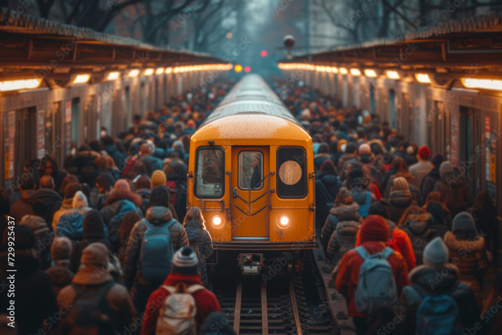 Poster a picture of a crowded public transport scene, representing the daily grind of commuting. concept of