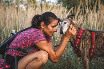 Woman lovingly hugs her old dog. Pet owner and Spanish Galgo greyhound during dog walking outdoors....