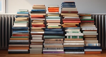 A stack of books neatly arranged on top of a wooden floor.