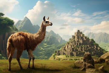 A llama stands confidently in front of a majestic mountain landscape, showcasing the harmonious coexistence of wildlife and nature.