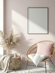 Mockup of a female room with an airy, summery feel. Refreshing atmosphere with empty clean and clear poster frame.