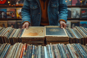 A record store owner playing classic vinyl albums, surrounded by an extensive collection from past...