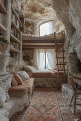 Cave room in the original wood colored rock has a fireplace with a fire, carpet, the bed above has a window, with a fairytale style, bookshelves