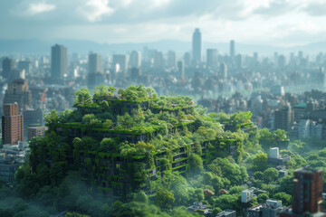 Naklejka premium A cityscape with green rooftops and urban gardens, showcasing eco-friendly urban development. Concept of sustainable cities and urban greening. Generative Ai.