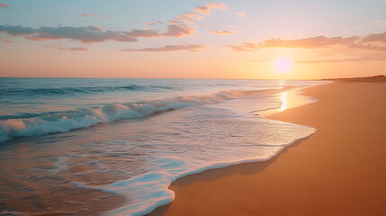 Obraz premium A peaceful beach, with soft sands and calm waves as the background, during a tranquil sunset