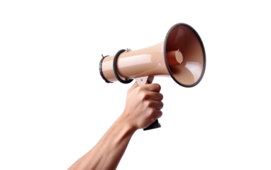 Male Hand Holding a Megaphone, A Symbol of Commanding Communication on a White or Clear Surface PNG Transparent Background.