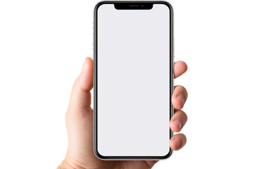 Smartphone Grasped by a Man Hand, A Gateway to Digital Harmony on a White or Clear Surface PNG Transparent Background.