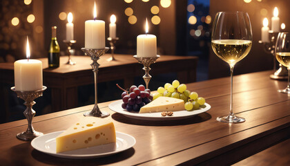 Cozy wine tasting setting two glasses of white wine, cheese, and grapes. A warm and inviting atmosphere for a relaxed evening or wine tasting.
