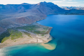 Obraz premium High mountain lake Tso Moriri, aerial view, Himalaya nature, Ladakh, India
