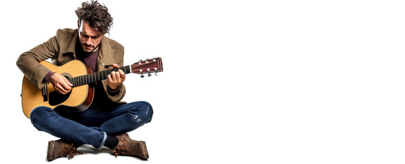 Close-up of successful musician playing guitar, white background isolate.