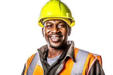 Close-up of a smiling male road worker in uniform, helmet, special clothing, white background isolate.