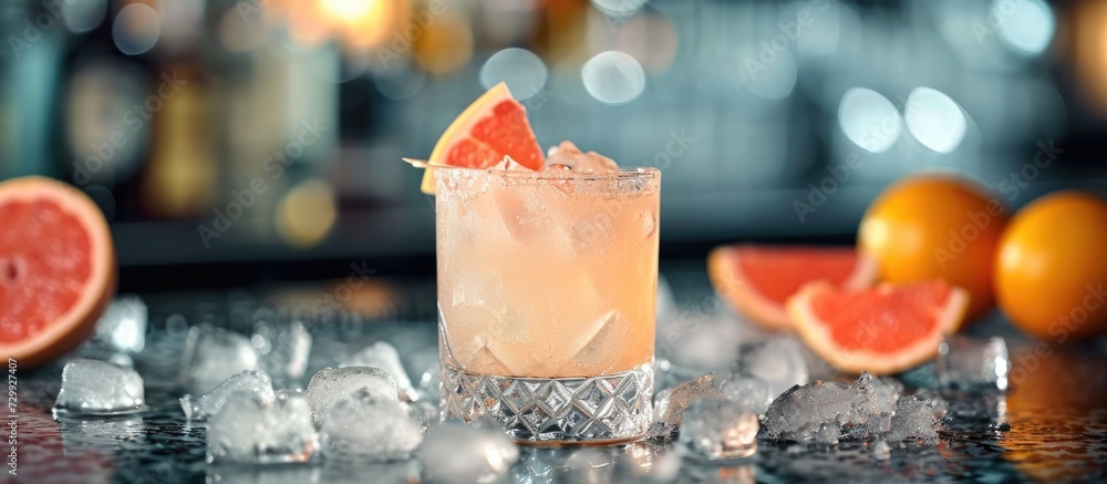 Poster tequila-based paloma cocktail with grapefruit and ice on the bar counter.