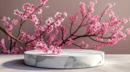 Marble Podium for Product Display with Spring Sakura Branch