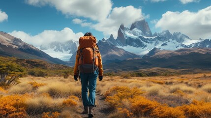 Obraz premium Trekking through the rugged terrain of Patagonia, surrounded by breathtaking vistas
