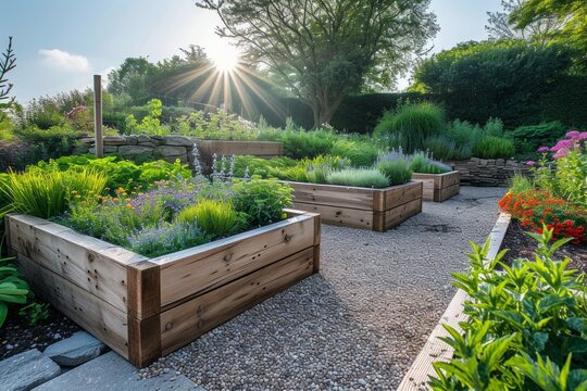 Revamp Your Modern Garden with Raised Wooden Beds for Growing Herbs, Spices, Vegetables and Flowers in the Countryside Consider adding raised wooden beds