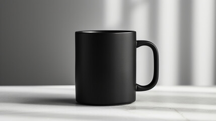 A sleek black coffee mug on a white background.