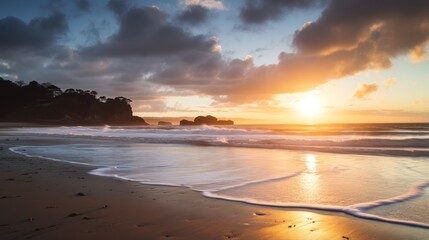 Fototapeta premium Landscape beach, clean and clear wave sea, Sunset golden light sky scene.