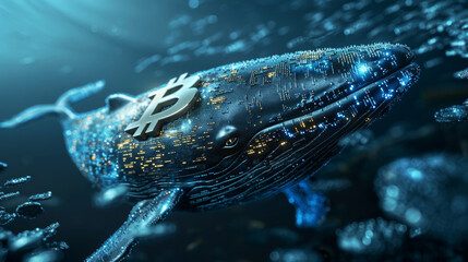Big crypto whale with Bitcoin emblem swims in digital blue ocean, concept of big market players that own large amounts of cryptocurrency and can influence the price - obrazy, fototapety, plakaty