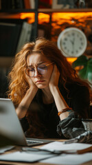 Tired female student working on her laptop trying not to fall asleep in a studying for final year exam.Overworked and Overtime, Workload concept. Creative crisis. Vertical banner