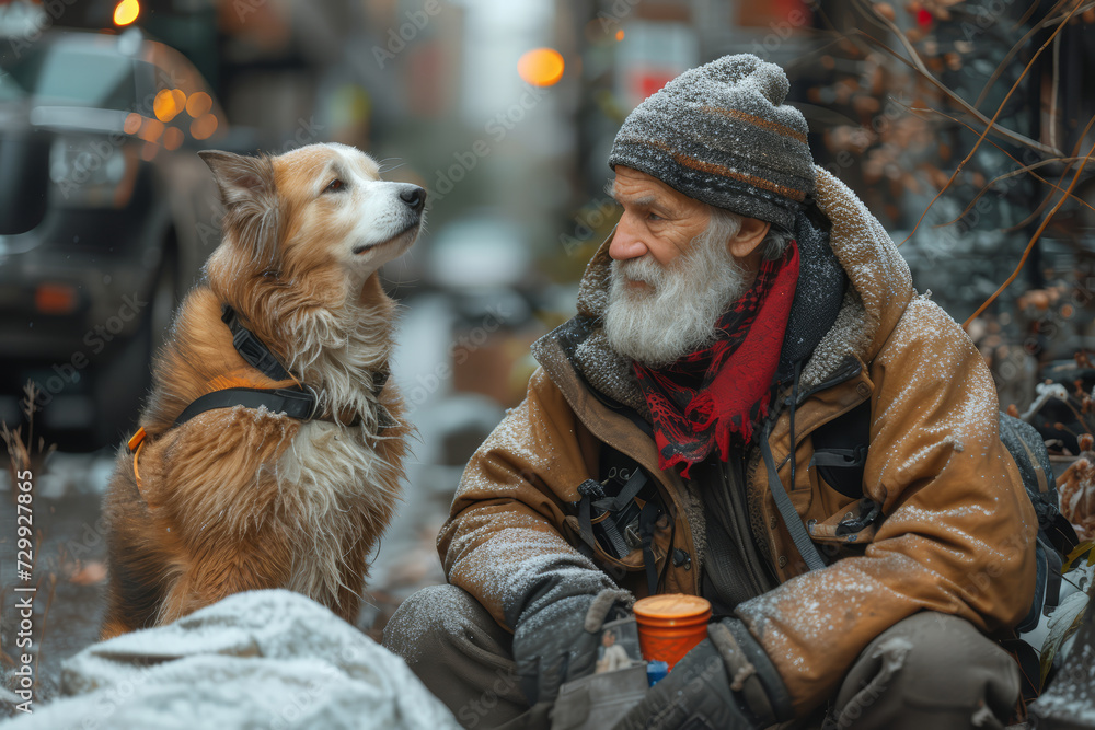 Wall mural An authentic capture of a homeless person being helped by a passerby, illustrating compassion in society. Concept of social issues and human kindness. Generative Ai.