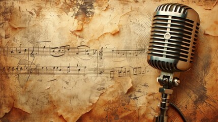 Vintage Melodies: Retro microphones and music notes adorning a sepia-toned,