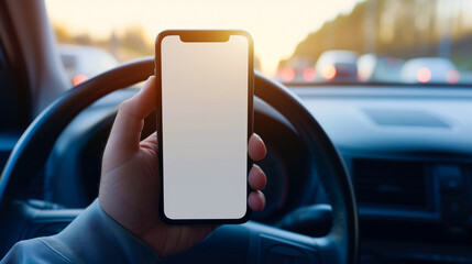 Smartphone blank screen mock up in driver's hand in front of the car steering wheel, selective focus. Mobile phone with isolated white screen. Navigate or GPS concept.