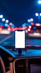 Smartphone in car use for Navigate or GPS while driving on night highway. Mobile phone with isolated white screen. Blank empty screen. Copy space. Empty space for text. Mock up smart phone in car