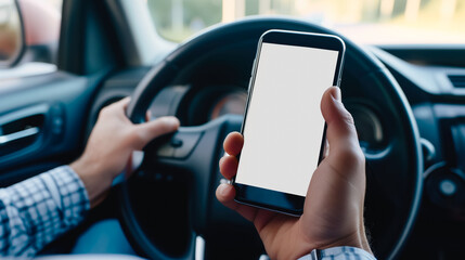 Smartphone blank screen mock up in driver's hand in front of the car steering wheel, selective focus. Mobile phone with isolated white screen. Navigate or GPS concept.