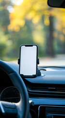 Smartphone in a car use for Navigate or GPS. Mobile phone with isolated white screen. Blank empty screen. Copy space. Empty space for text. Mock up smart phone in car. Vertical Banner