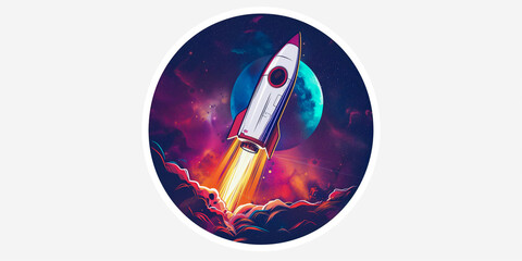 Retro sci-fi spacex rocket in outer space in a circle. T-shirt design concept. White background.
