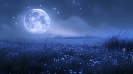 Fototapeta na wymiar Mystical Moonlit Meadow: Soft silver and indigo shades merge, conjuring the tranquility of a moonlit meadow under a starry night sky.