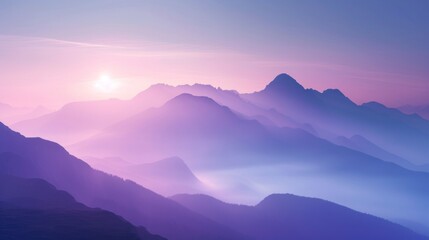 Obraz premium Mountain Mist at Dawn: Shades of purple and blue shrouded in mist evoke the majesty of mountains at sunrise.