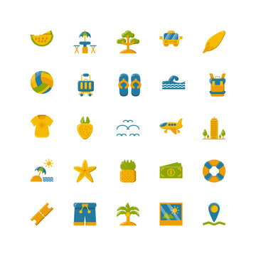 summer icon set. flat color icon collection. Containing summer icons.