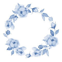 Delicate wreath with watercolor roses on a white background in indigo tones