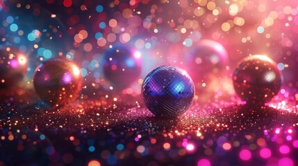 Obraz na płótnie Canvas Retro Disco Fever: Glittering disco balls and colorful strobe lights creating a disco fever atmosphere.