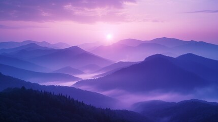 Obraz premium Mountain Mist at Dawn: Shades of purple and blue shrouded in mist evoke the majesty of mountains at sunrise.