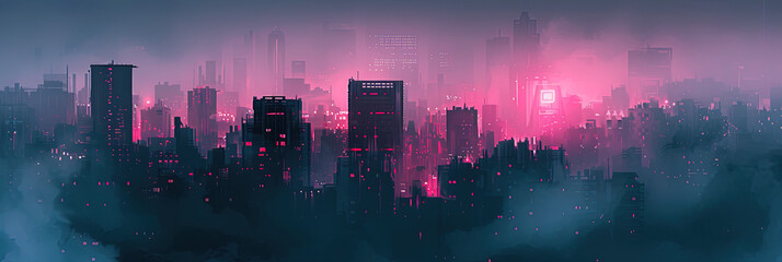 beautiful houses and buildings in the mountains, abstract synthwave landscape illustration