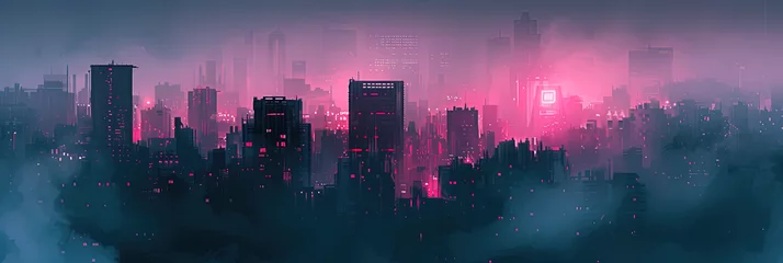  beautiful houses and buildings in the mountains, abstract synthwave landscape illustration © Ainima Art