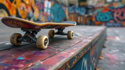 Skateboard Thrills: Urban graffiti and skateboarding graphics represent the thrill of the skatepark.