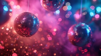 Retro Disco Fever: Glittering disco balls and colorful strobe lights creating a disco fever atmosphere. - obrazy, fototapety, plakaty
