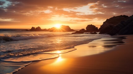 Fototapeta premium Landscape beach, clean and clear wave sea, Sunset golden light sky scene.